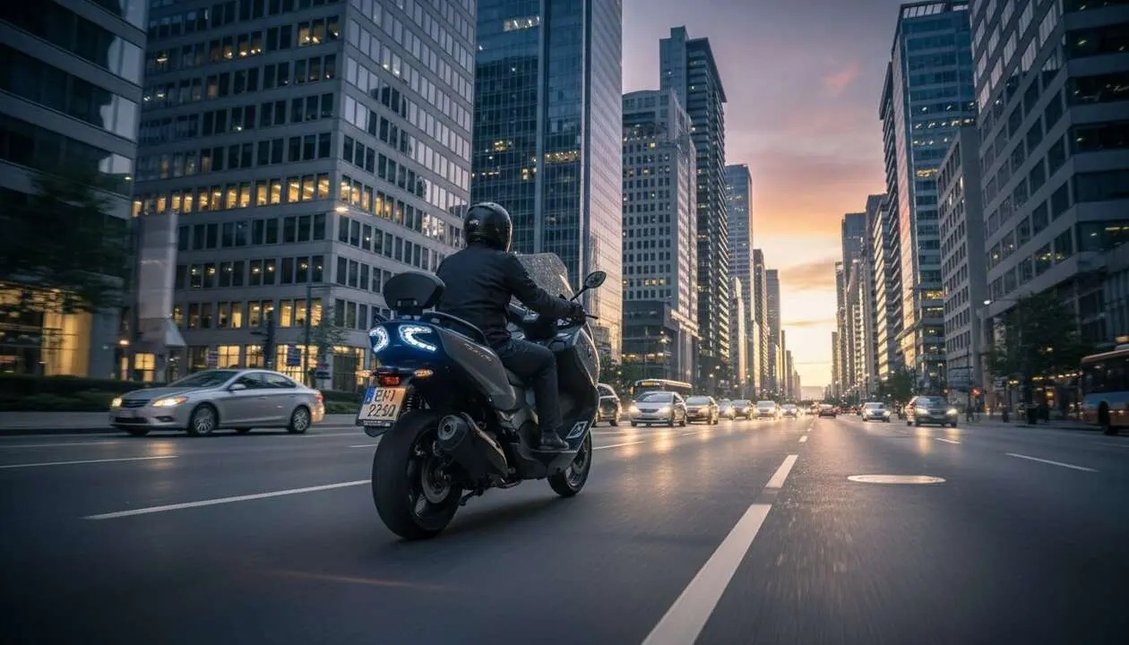  BMW C 400 GT en acci&oacute;n domina las calles de la ciudad combinando estilo, potencia y comodidad para el transporte urbano &mdash; Imagen generada por IA 