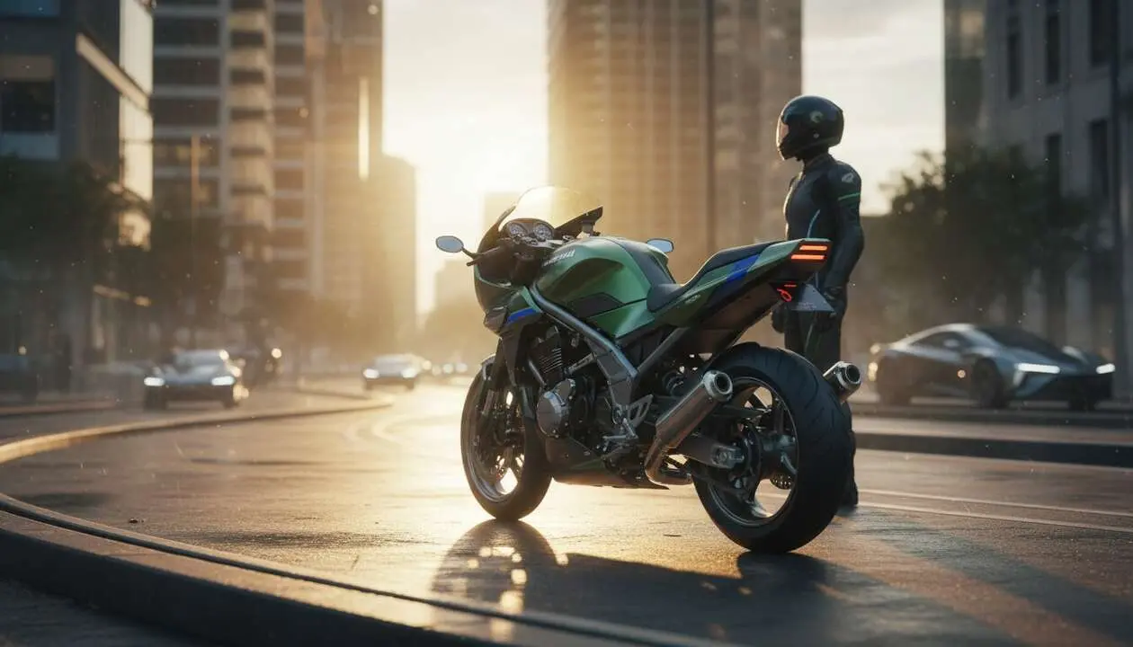  Kawasaki Zephyr 550 2026 destacada en carretera urbana mostrando el dise&ntilde;o cl&aacute;sico y moderno de la moto RACER &mdash; Imagen generada por IA 
