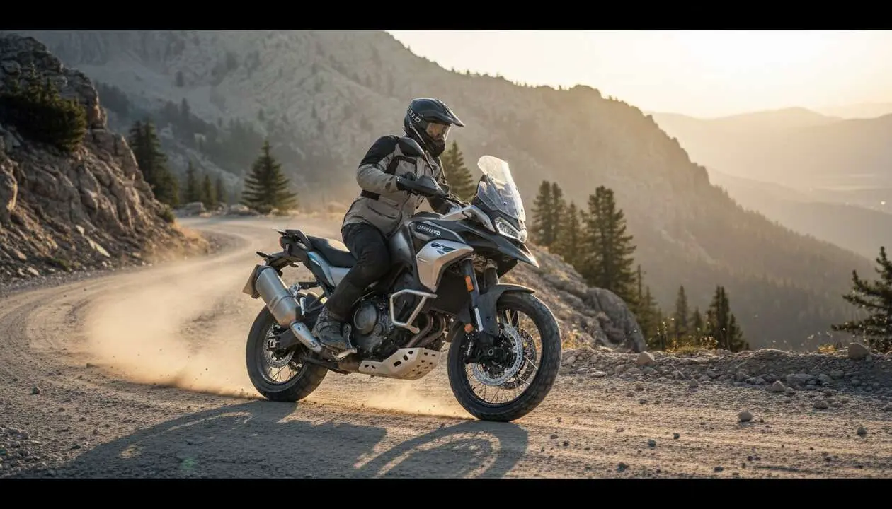  CFMOTO 800MT en carretera disfrutando de un paisaje natural para rutas exigentes y aventuras en moto &mdash; Imagen generada por IA 