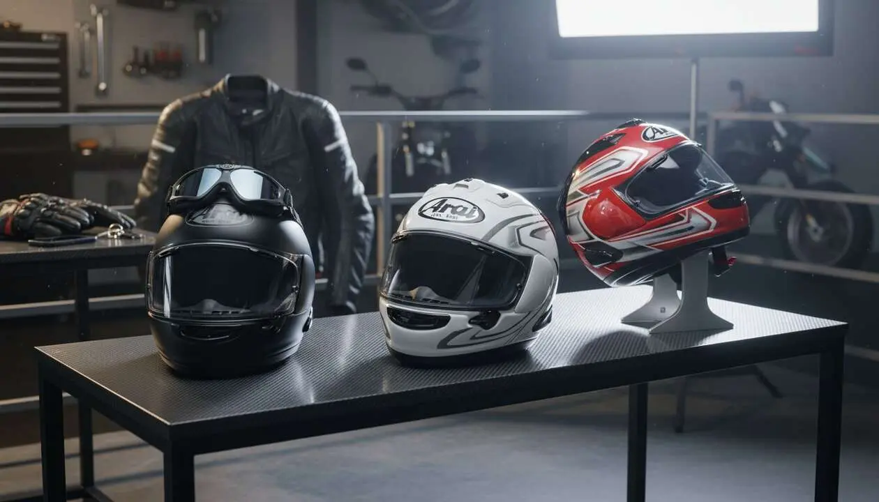  Motorista experto usando casco Arai de alta calidad para m&aacute;xima seguridad y confort en carretera &mdash; Imagen generada por IA 