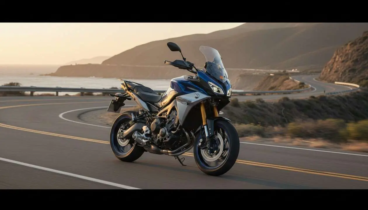  Vista lateral de la nueva Yamaha Tracer 9 GT+ 2026 mostrando su dise&ntilde;o innovador y caracter&iacute;sticas especiales para motoristas exigentes &mdash; Imagen generada por IA 
