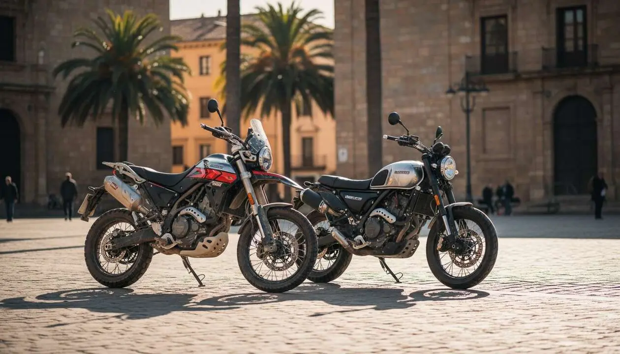  Motocicleta Macbor destacada en paisaje urbano y trail mostrando innovaci&oacute;n y versatilidad para todo tipo de terreno &mdash; Imagen generada por IA 