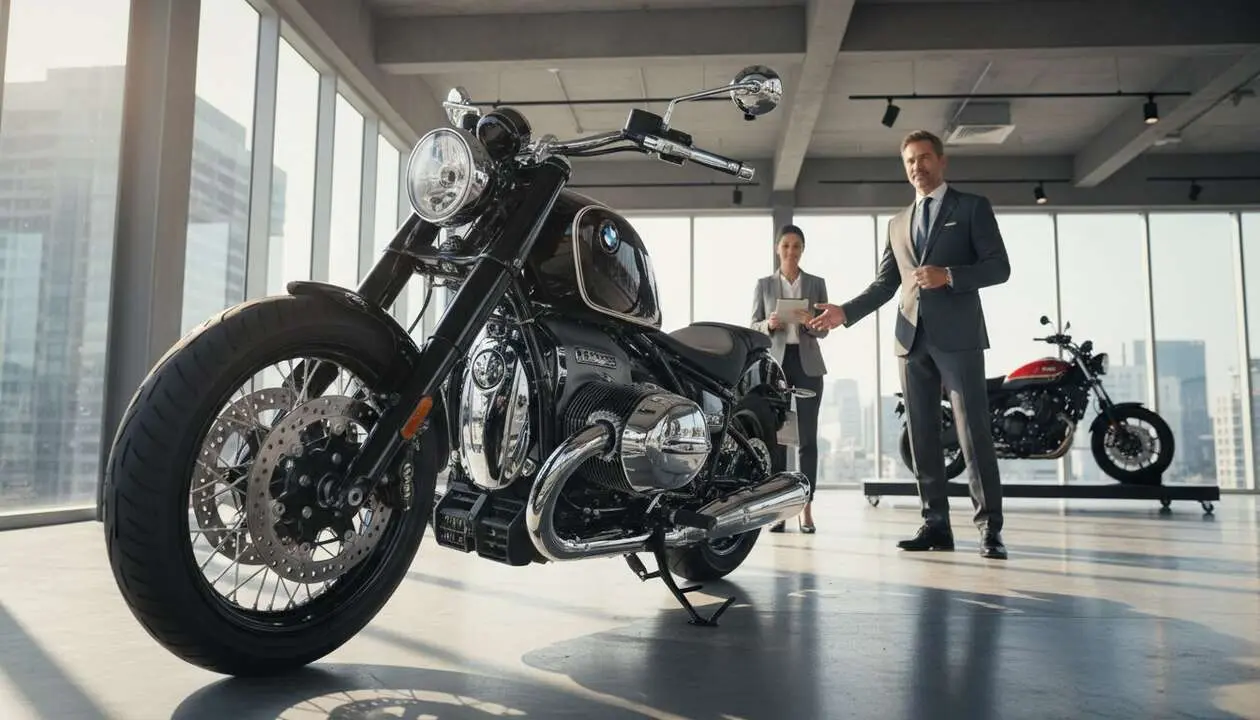  BMW R18 vista detallada en primer plano mostrando dise&ntilde;o exclusivo y avances tecnol&oacute;gicos para competir con Yamaha &mdash; Imagen generada por IA 