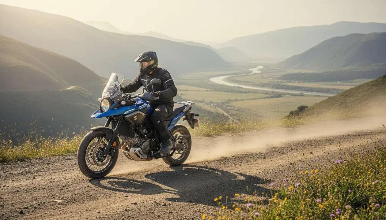  Suzuki SV-7GX nueva moto trail crossover con dise&ntilde;o innovador y precio competitivo para aventureros urbanos &mdash; Imagen generada por IA 