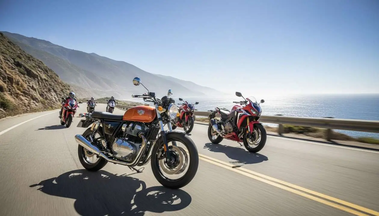  Motocicleta Royal Enfield en carretera abierta simbolizando la competencia con Honda por el liderazgo mundial en motos &mdash; Imagen generada por IA 