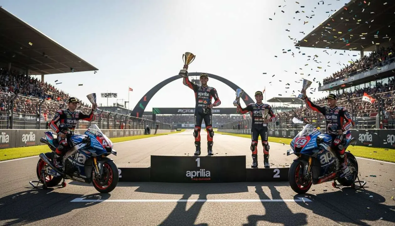  Jorge Mart&iacute;n celebra el triplete hist&oacute;rico de Aprilia en el Gran Premio de Le Mans 2026 con victoria destacada &mdash; Imagen generada por IA 