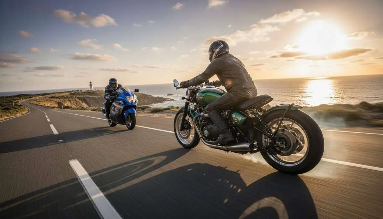  Triumph Bobber acelerando en carretera abierta demostrando su potencia frente a una Suzuki Hayabusa &mdash; Imagen generada por IA 
