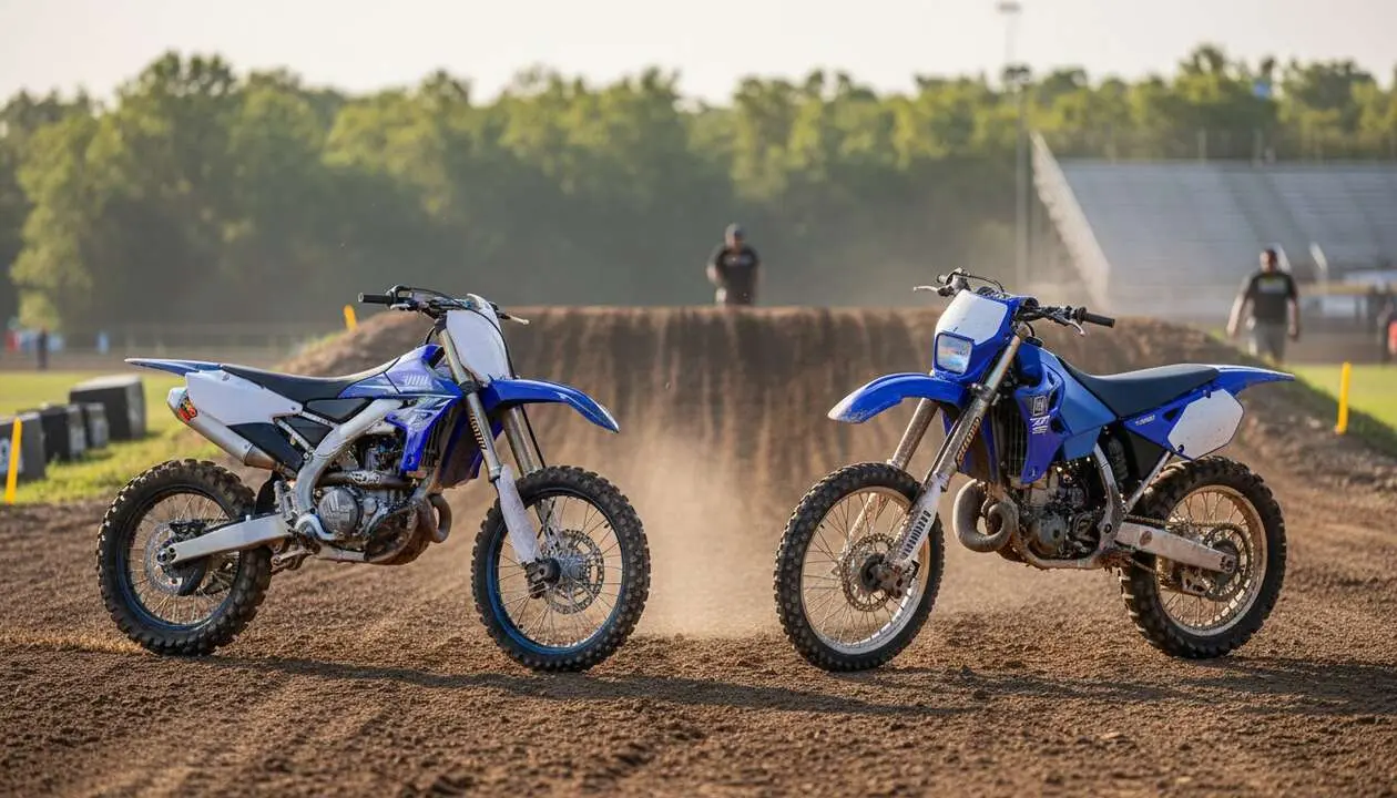  Comparativa Yamaha YZ450F 2026 y YZ400F 1998 mostrando evoluci&oacute;n y tecnolog&iacute;a en motos de motocross &mdash; Imagen generada por IA 
