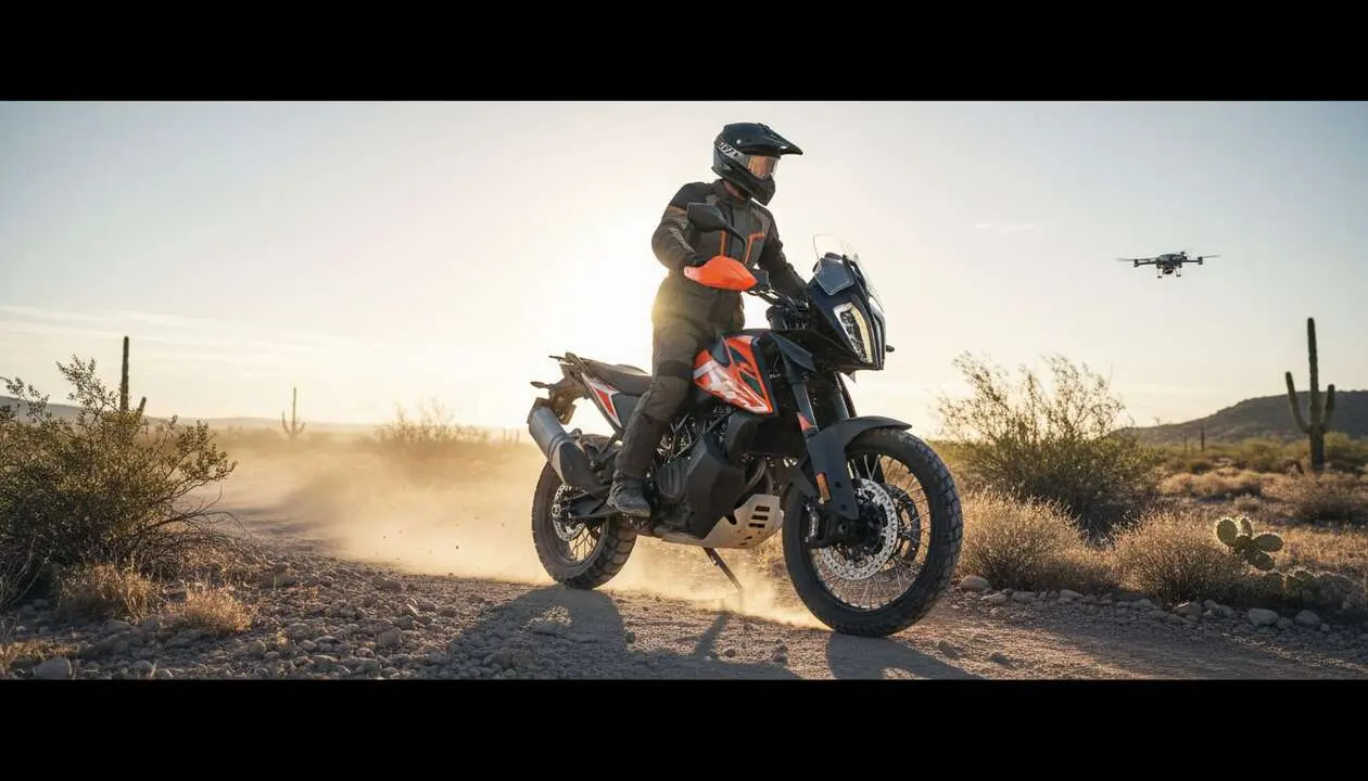  KTM 490 Adventure 2027 en acci&oacute;n mostrando su dise&ntilde;o renovado y caracter&iacute;sticas innovadoras para aventureros exigentes &mdash; Imagen generada por IA 