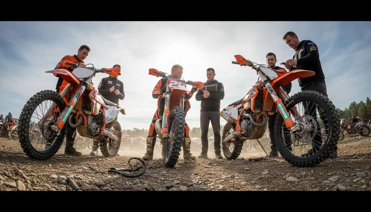  Piloto ajustando una moto KTM de enduro durante una competici&oacute;n en Europa en medio de la pol&eacute;mica por supuestas manipulaciones &mdash; Imagen generada por IA 