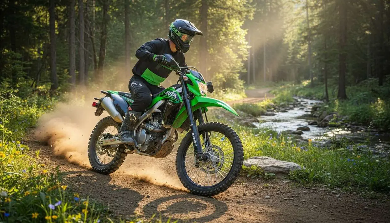  Kawasaki KLX300R 2026 en acci&oacute;n destacando su dise&ntilde;o innovador y rendimiento para off-road y trail aventura &mdash; Imagen generada por IA 