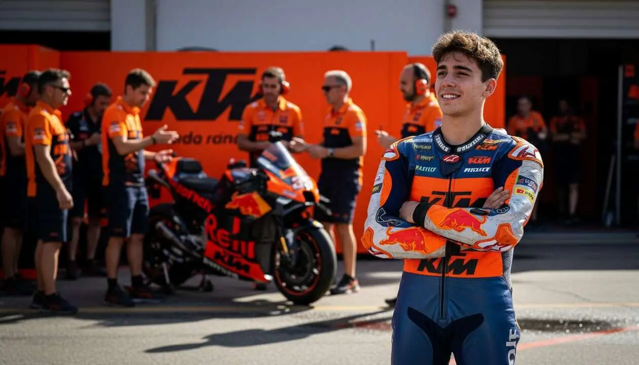  Pedro Acosta enviando un mensaje motivador y contundente a KTM durante la pol&eacute;mica actual del motociclismo &mdash; Imagen generada por IA 