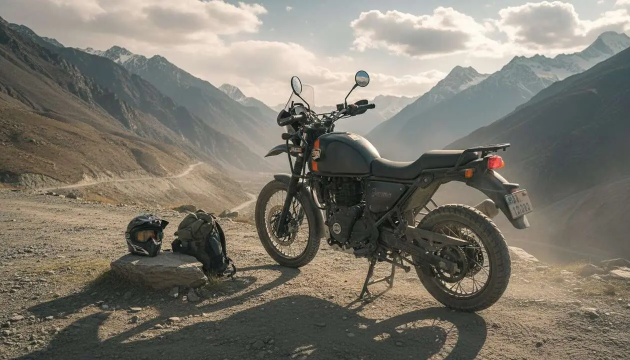  Royal Enfield Himalayan en acci&oacute;n en terrenos monta&ntilde;osos mostrando su capacidad para la aventura y el turismo off-road &mdash; Imagen generada por IA 