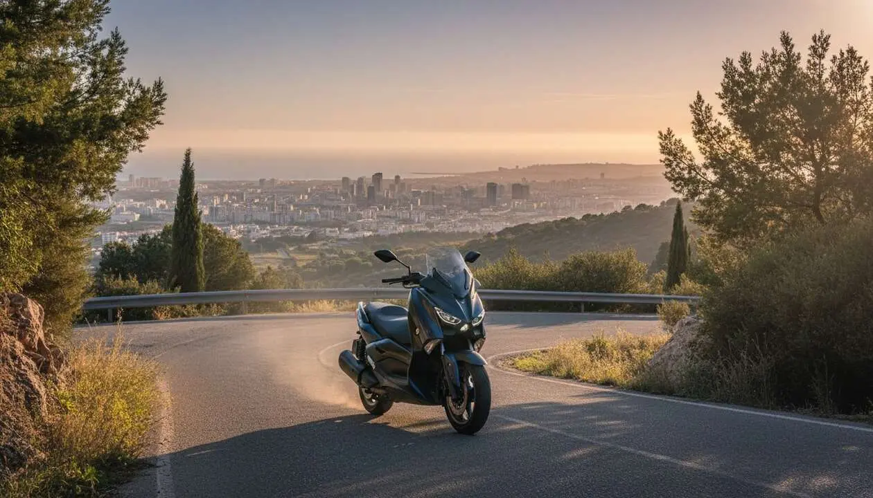  Yamaha XMAX en movimiento por la ciudad y terrenos de aventura demostrando su versatilidad como scooter urbana &mdash; Imagen generada por IA 