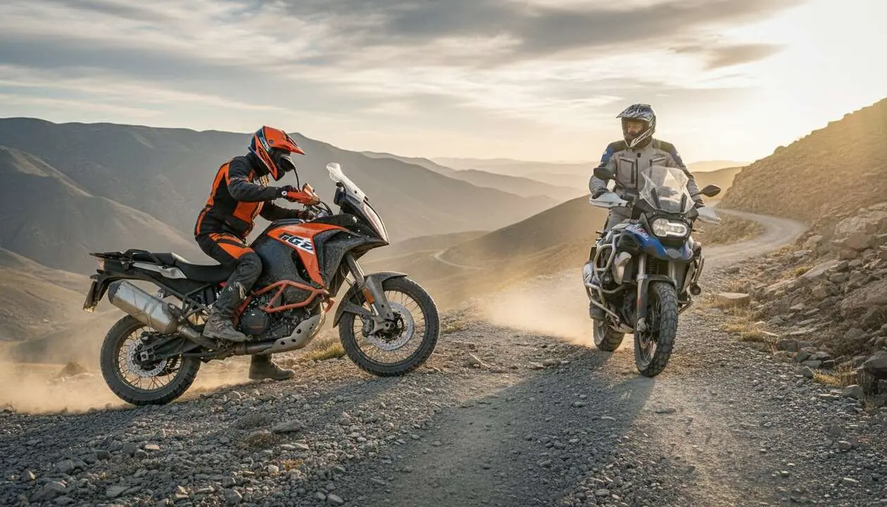  Motocicleta KTM de aventura enfrentando a BMW en una competici&oacute;n intensa que defini&oacute; su liderazgo en el mercado &mdash; Imagen generada por IA 