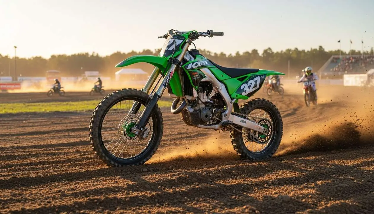  Kawasaki KX327X 2027 vista lateral demostrando su potencia y dise&ntilde;o innovador para motocross 2T &mdash; Imagen generada por IA 