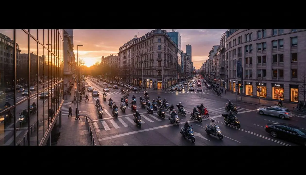 Scooter SYM de &uacute;ltima generaci&oacute;n circulando por las calles de la ciudad dominando el tr&aacute;fico urbano con estilo y eficiencia &mdash; Imagen generada por IA 