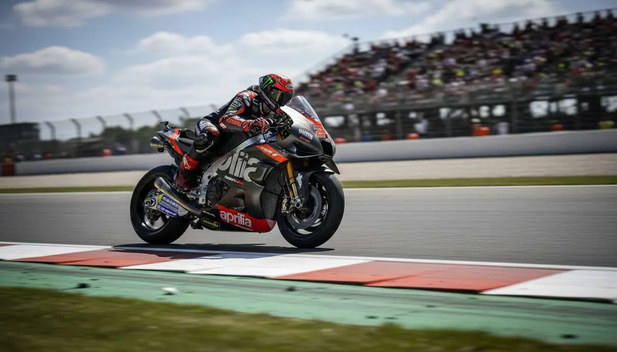  Piloto de Aprilia celebrando victoria en MotoGP mientras la marca se convierte en favorita de la temporada 2024 &mdash; Imagen generada por IA 