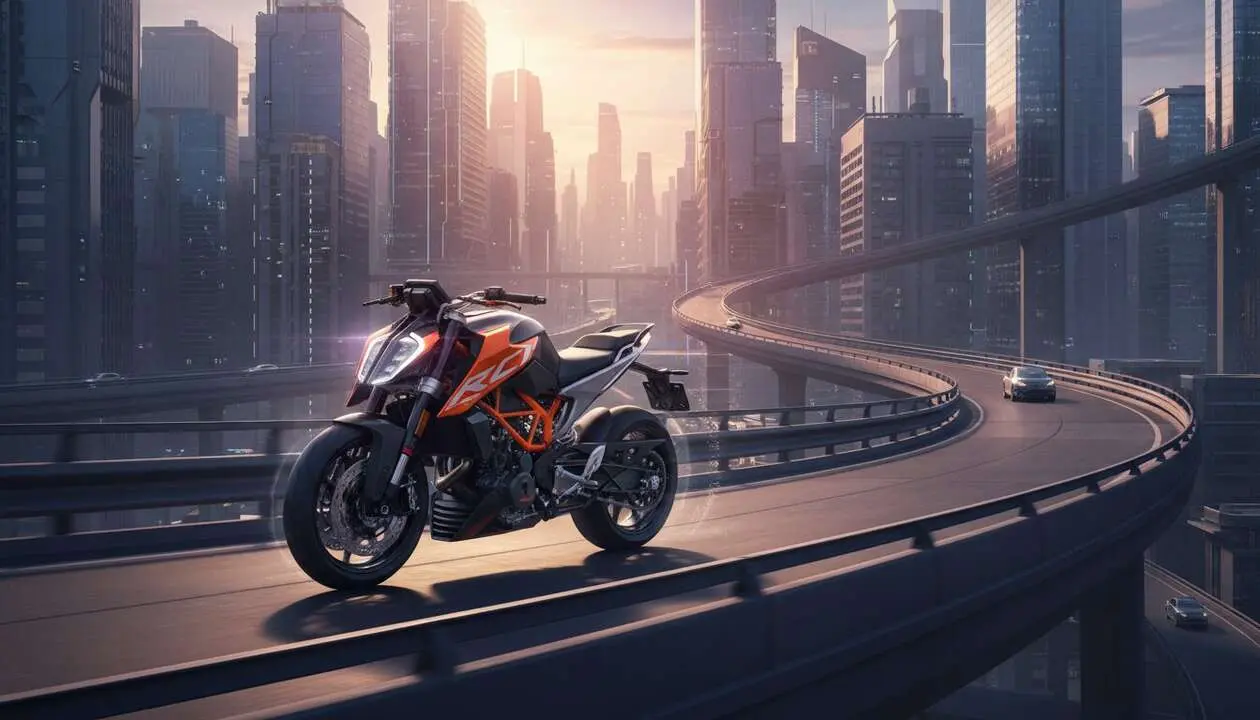  KTM 490 Duke prototipo en carretera mostrando dise&ntilde;o innovador y tecnolog&iacute;a avanzada para el futuro de las motos &mdash; Imagen generada por IA 