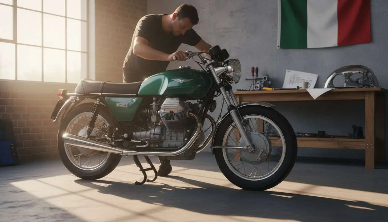  Moto Guzzi cl&aacute;sica restaurada en taller para preservar la legendaria motocicleta italiana de colecci&oacute;n &mdash; Imagen generada por IA 