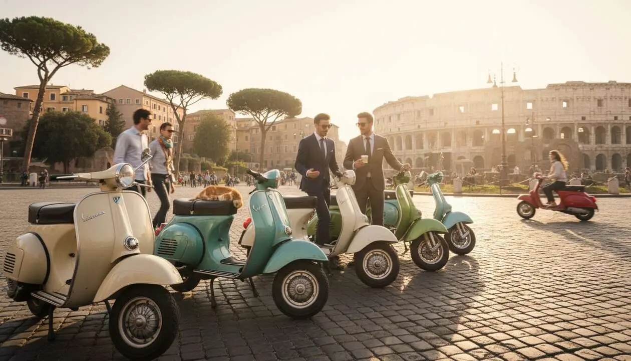  Vespa cl&aacute;sica italiana circulando por las calles hist&oacute;ricas, s&iacute;mbolo de la revoluci&oacute;n en la movilidad urbana en Italia &mdash; Imagen generada por IA 