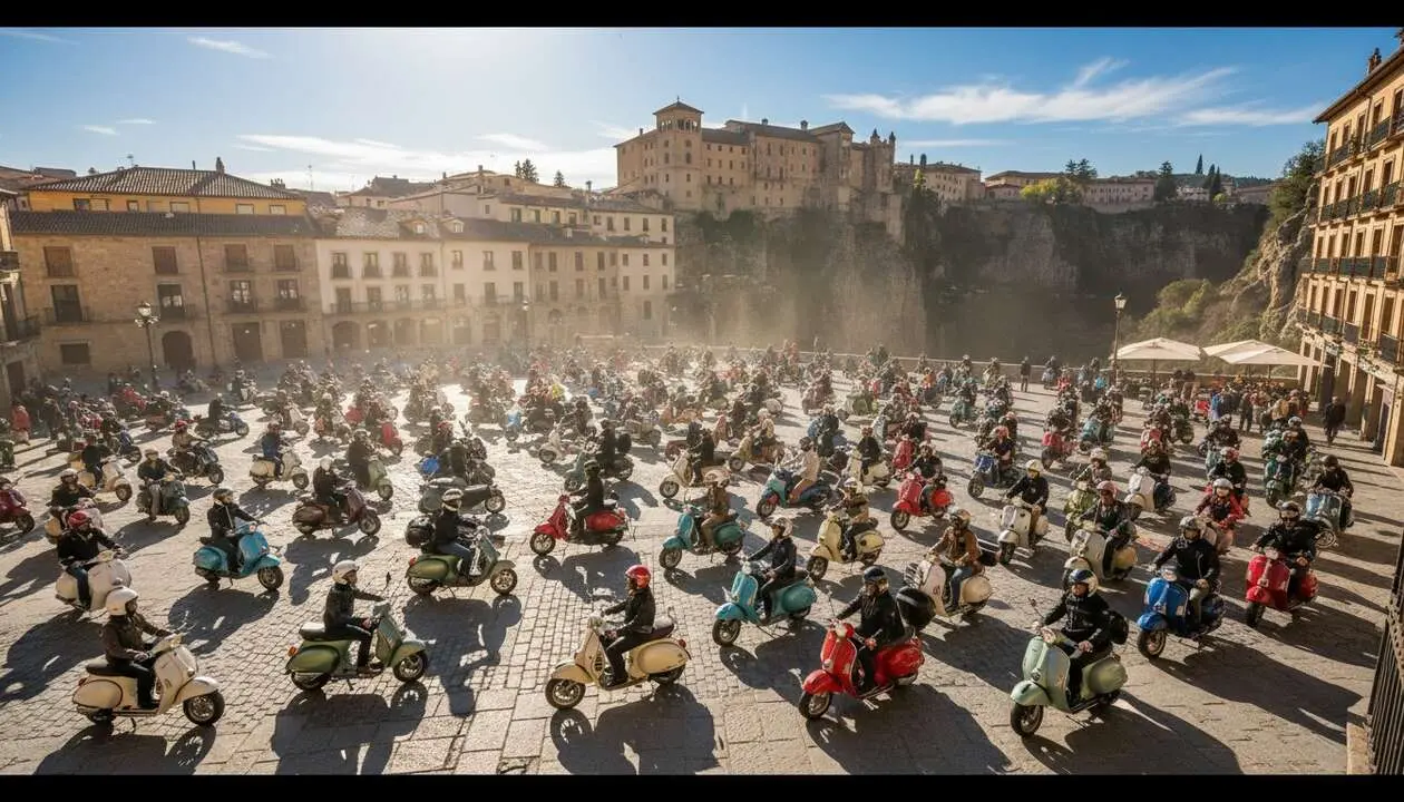  Vista panor&aacute;mica de la concentraci&oacute;n Vespa en Cuenca con m&aacute;s de 300 participantes rugiendo por Espa&ntilde;a &mdash; Imagen generada por IA 