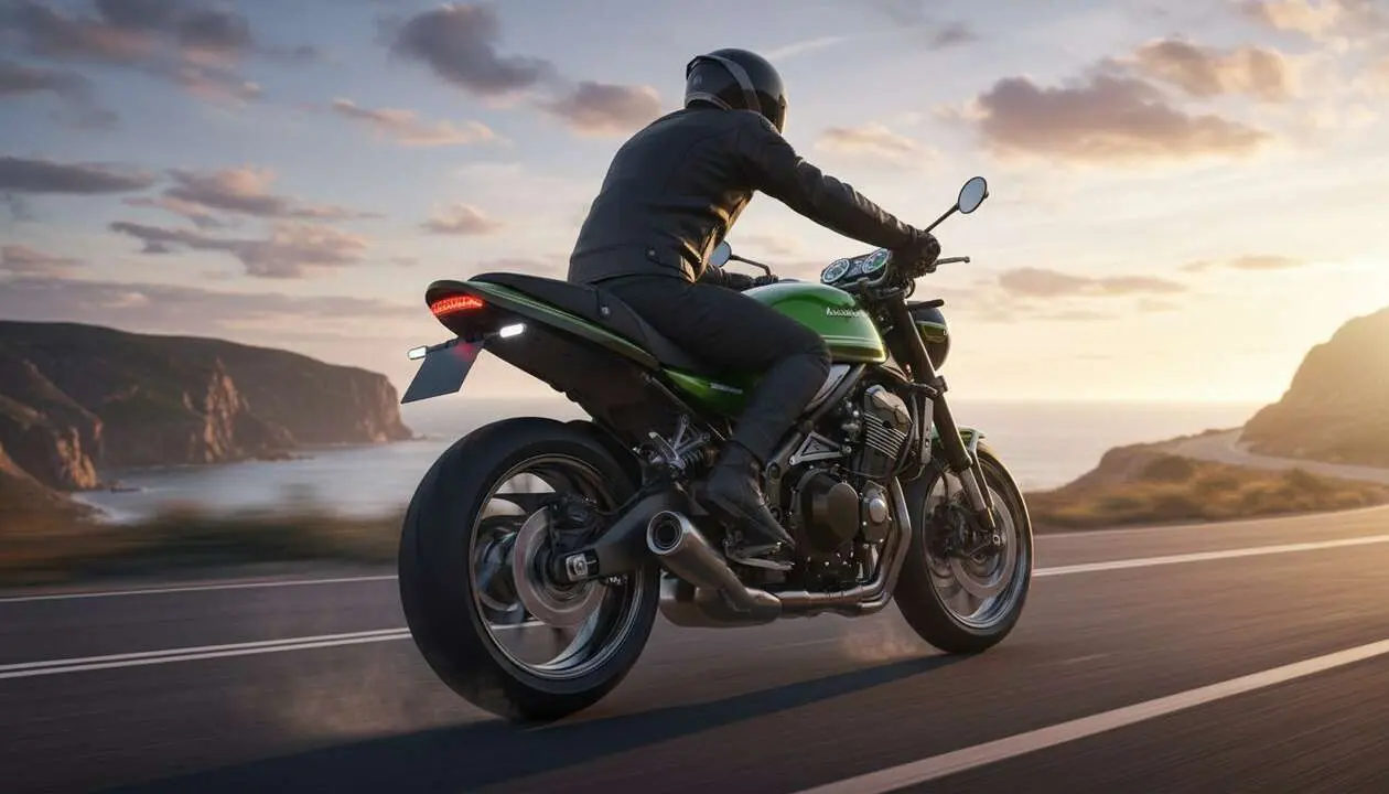  Kawasaki Z900RS 2027 en acci&oacute;n mostrando su dise&ntilde;o neo-retro y tecnolog&iacute;a avanzada para motociclistas modernos &mdash; Imagen generada por IA 