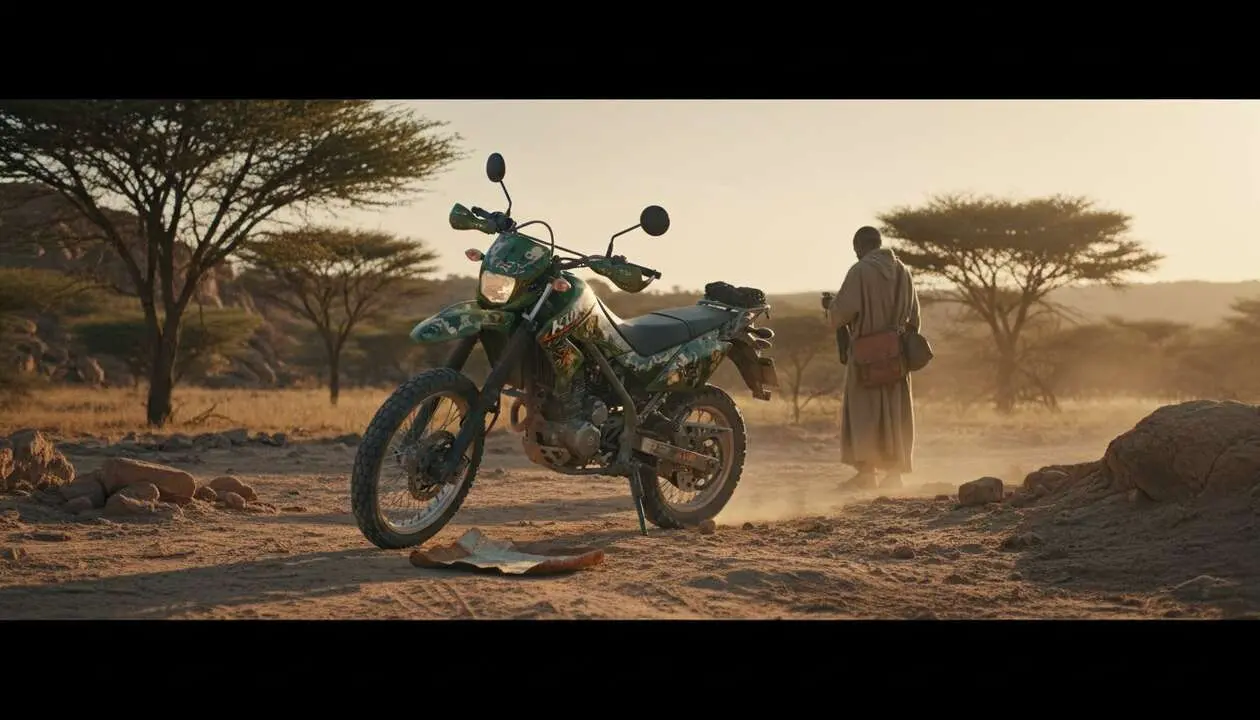  Kawasaki KLX150 XPL destacada en terreno africano mostrando su dise&ntilde;o cl&aacute;sico y robusto para aventura off-road &mdash; Imagen generada por IA 