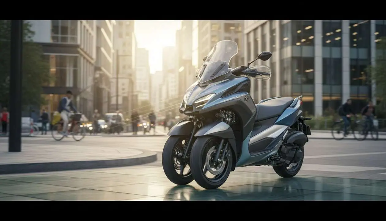  Yamaha Tricity 300 2026 con Airbag y ABS tecnolog&iacute;a avanzada para m&aacute;xima seguridad en motos urbanas &mdash; Imagen generada por IA 
