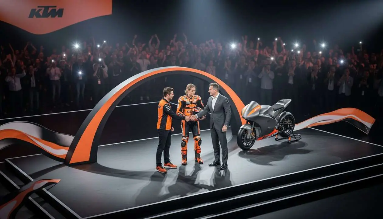  Piloto de KTM en MotoGP celebrando el acuerdo revolucionario confirmado hasta 2031 que cambiar&aacute; el futuro del motociclismo &mdash; Imagen generada por IA 