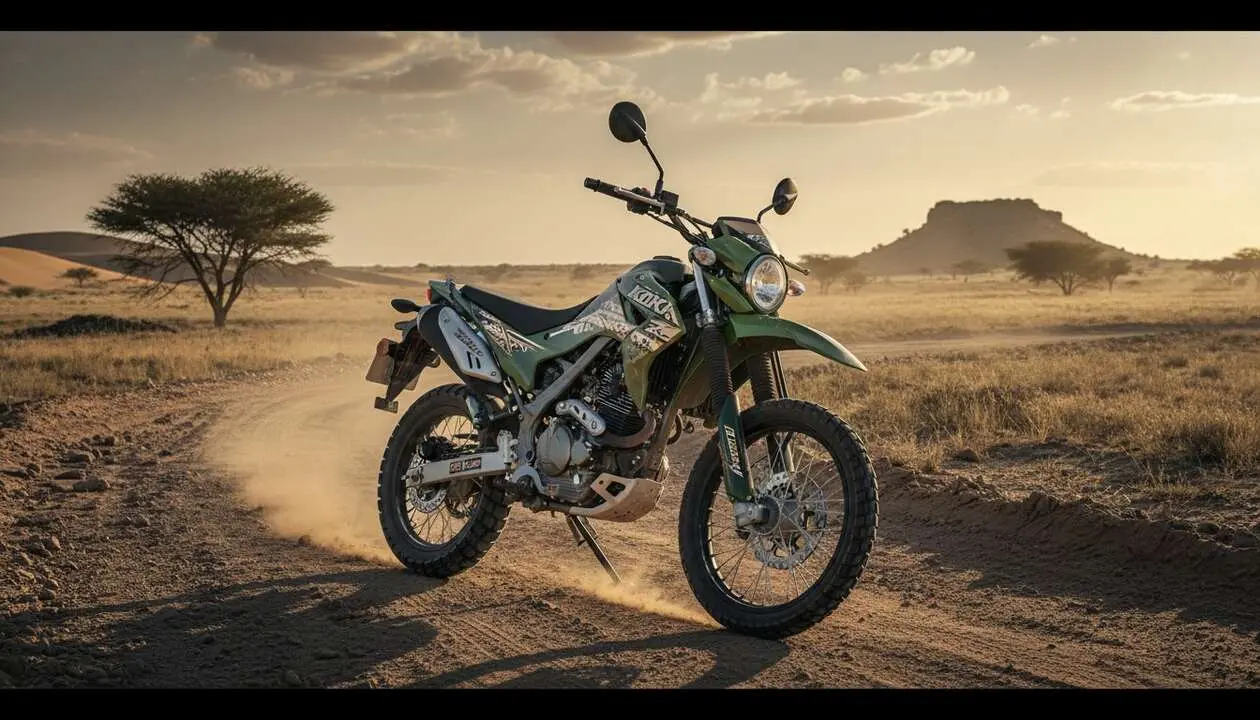 Kawasaki KLX150 XPL 2024 con dise&ntilde;o africano y estilo cl&aacute;sico para aventuras todo terreno &mdash; Imagen generada por IA 