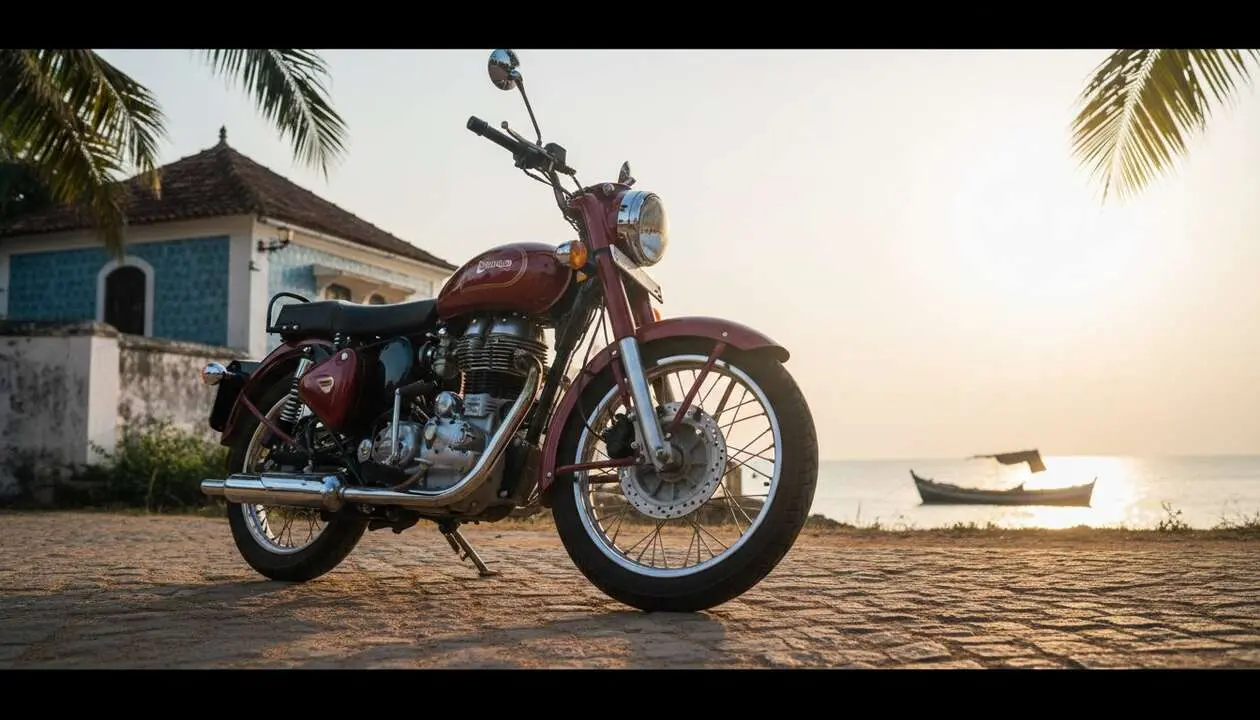 Royal Enfield Goan Classic 350 destacada en carretera mostrando su estilo cl&aacute;sico y rendimiento &uacute;nico &mdash; Imagen generada por IA 