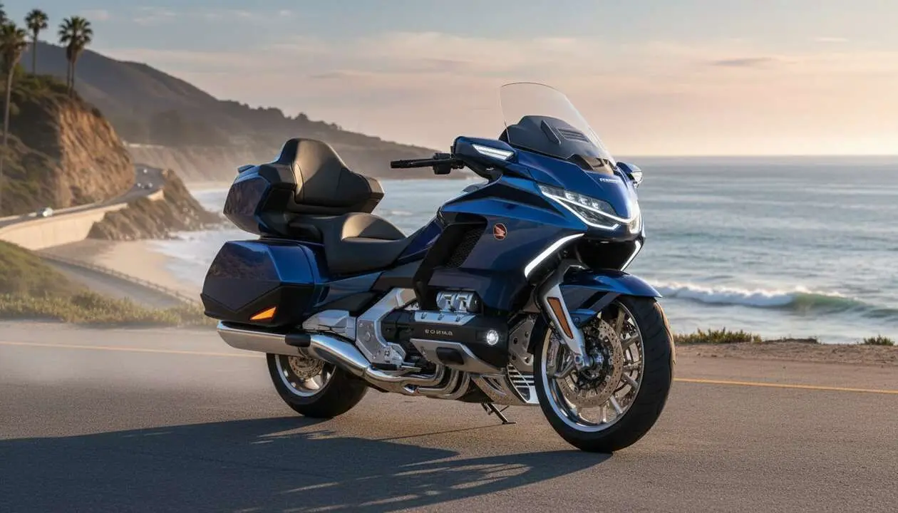  Honda Gold Wing renovada 2024 mostrando su dise&ntilde;o sofisticado y caracter&iacute;sticas avanzadas para carretera &mdash; Imagen generada por IA 