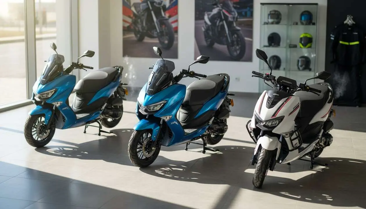  Scooter QJMOTOR moderno en ciudad con dise&ntilde;o innovador y precios accesibles para 2024 &mdash; Imagen generada por IA 