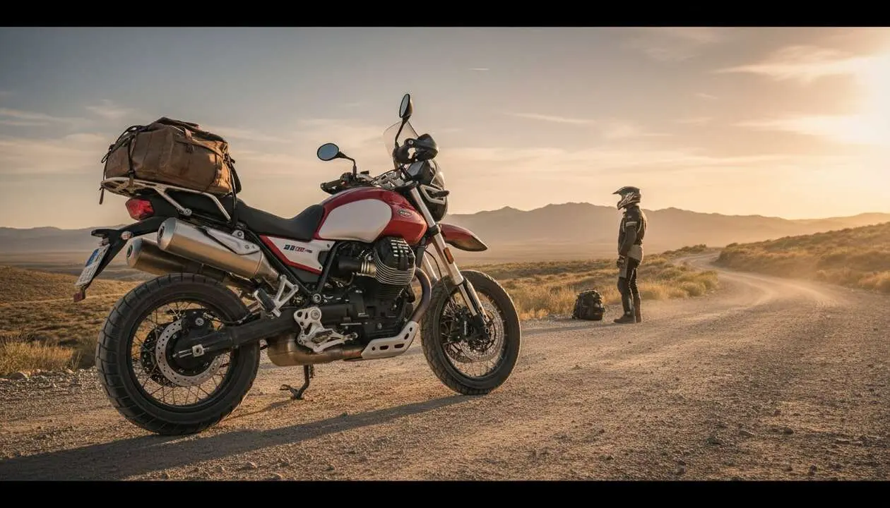  Moto Guzzi V85 TT en acci&oacute;n durante un emocionante viaje de aventura y turismo sobre dos ruedas &mdash; Imagen generada por IA 