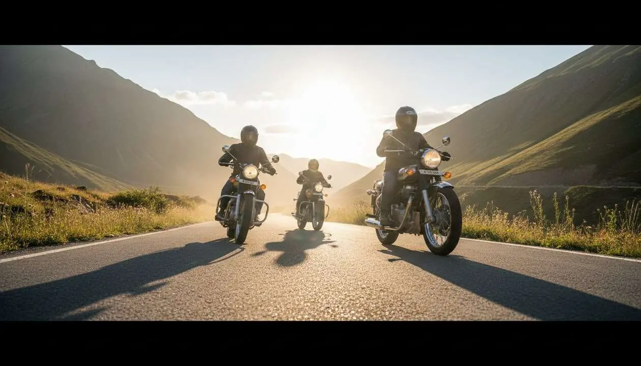  Motocicleta Royal Enfield en carretera cl&aacute;sica destacando su dise&ntilde;o y rendimiento distintivo para amantes de las motos vintage &mdash; Imagen generada por IA 