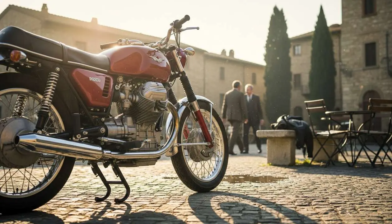  Moto Guzzi cl&aacute;sica en carretera mostrando el encanto vintage que enamora a los amantes de las motos retro cl&aacute;sicas &mdash; Imagen generada por IA 