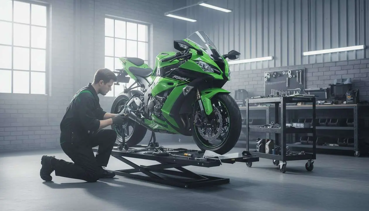  Moto Kawasaki en mantenimiento con herramientas para prolongar su vida &uacute;til y rendimiento &oacute;ptimo &mdash; Imagen generada por IA 