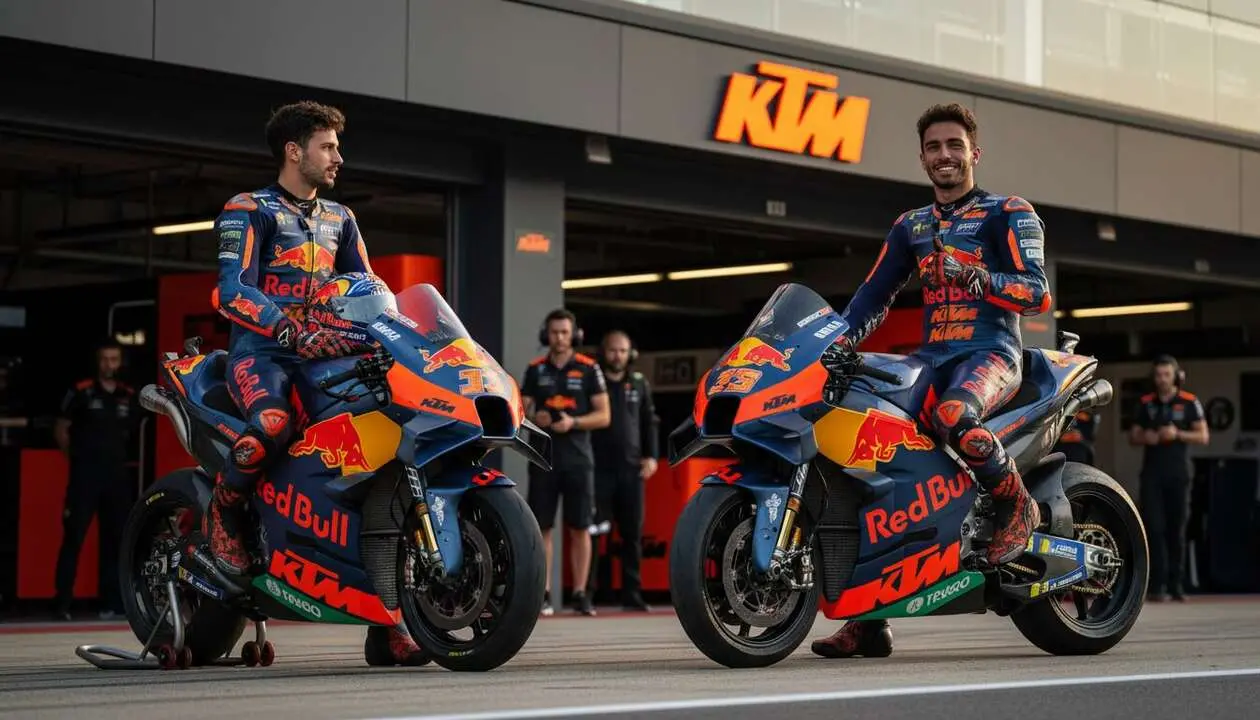  Di Giannantonio y Alex M&aacute;rquez juntos en KTM 2027 haciendo historia en el motociclismo y Red Bull Racing &mdash; Imagen generada por IA 