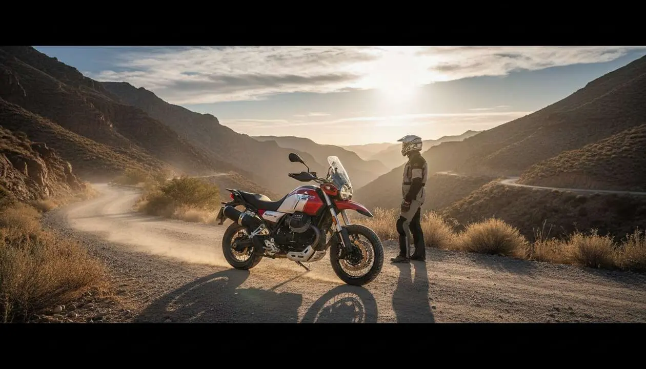  Moto Guzzi V85 TT en acci&oacute;n recorriendo caminos de aventura, la moto recomendada por expertos para rutas off road &mdash; Imagen generada por IA 