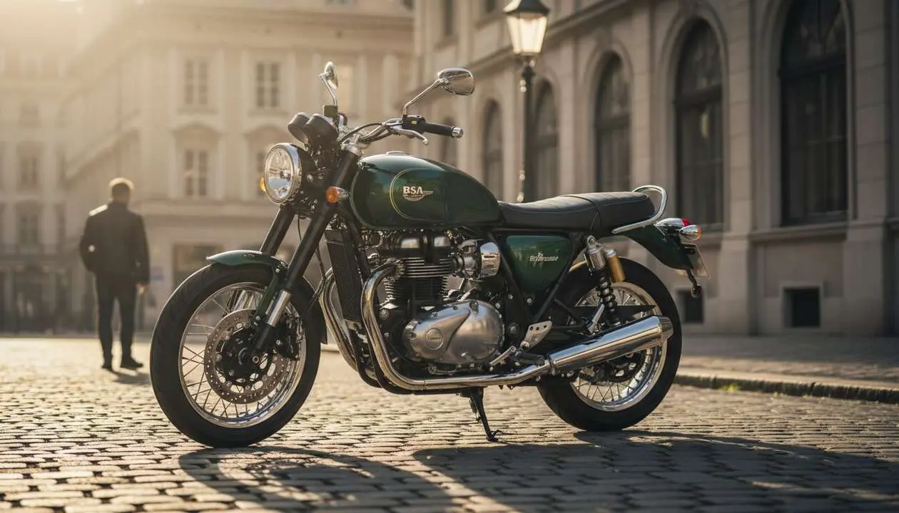  Moto BSA cl&aacute;sica brit&aacute;nica en carretera en 2026 mostrando su dise&ntilde;o y potencia ic&oacute;nicos &mdash; Imagen generada por IA 