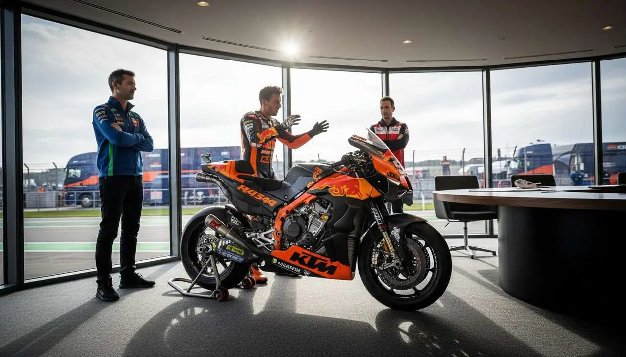 KTM en MotoGP enfrentando oposici&oacute;n de rivales al proponer la apertura de motores para mejorar el rendimiento &mdash; Imagen generada por IA 