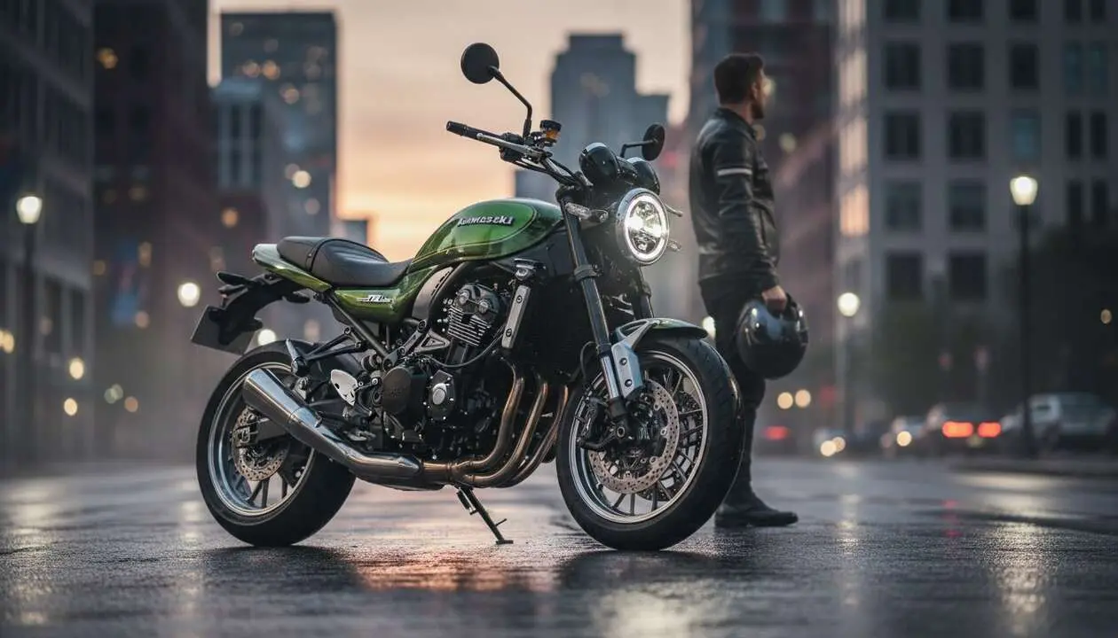  Kawasaki Z900 RS 2026 destacada en carretera mostrando su dise&ntilde;o retro y tecnolog&iacute;a avanzada para motos del futuro &mdash; Imagen generada por IA 