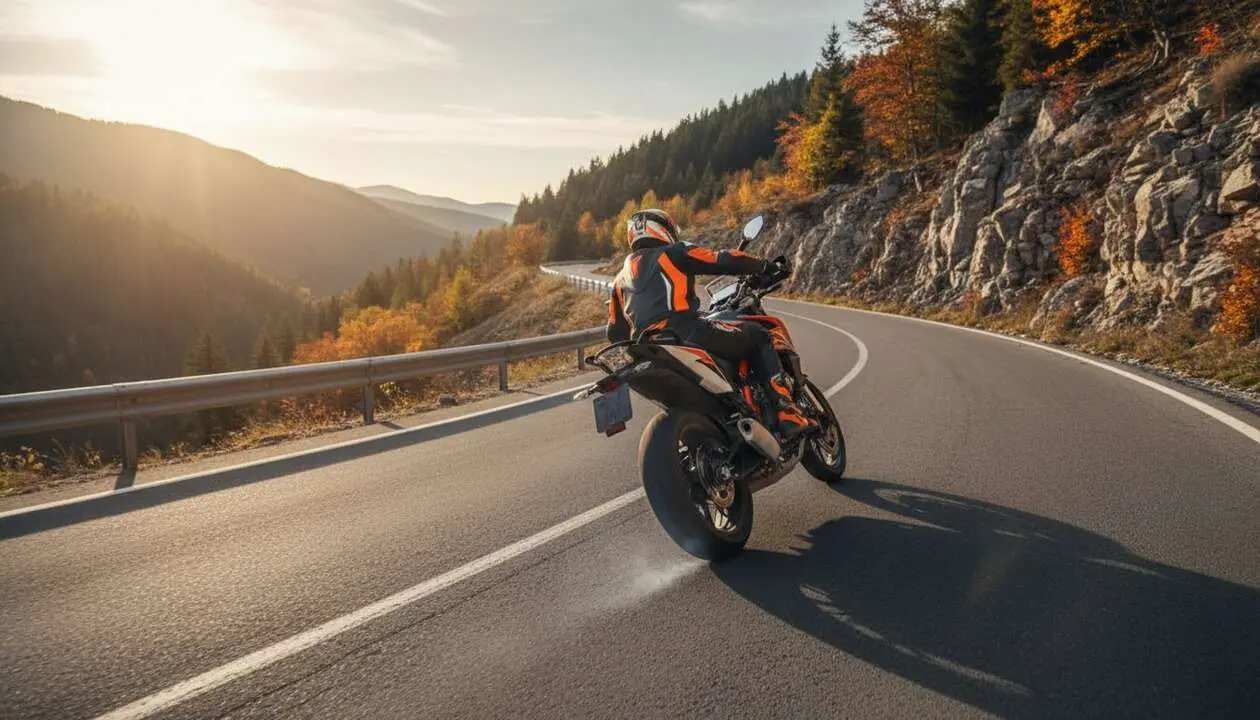 KTM 890 SMT 2026 en acci&oacute;n sobre curvas desafiantes combinando potencia y estabilidad para motos deportivas modernas &mdash; Imagen generada por IA 