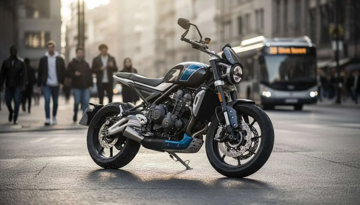  Triumph Tracker 400 2026 en ciudad mostrando su dise&ntilde;o moderno y rendimiento ideal para la movilidad urbana diaria &mdash; Imagen generada por IA 