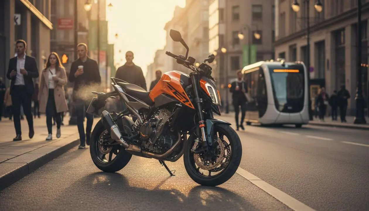  KTM 790 Duke 2027 en acci&oacute;n mostrando su dise&ntilde;o agresivo y tecnolog&iacute;a avanzada para motos urbanas &mdash; Imagen generada por IA 