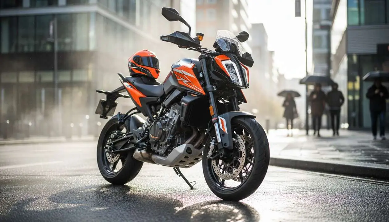  KTM 890 SMT 2026 en acci&oacute;n mostrando su dise&ntilde;o revolucionario y potencia para motos urbanas modernas &mdash; Imagen generada por IA 