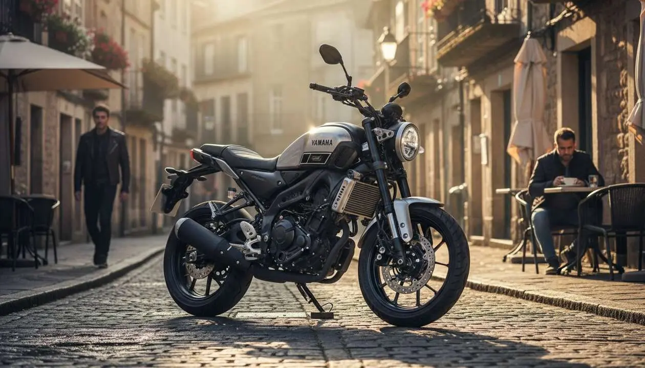  Yamaha XSR 125 Legacy 2026 en color negro cl&aacute;sico mostrando dise&ntilde;o retro moderno y detalles destacados &mdash; Imagen generada por IA 