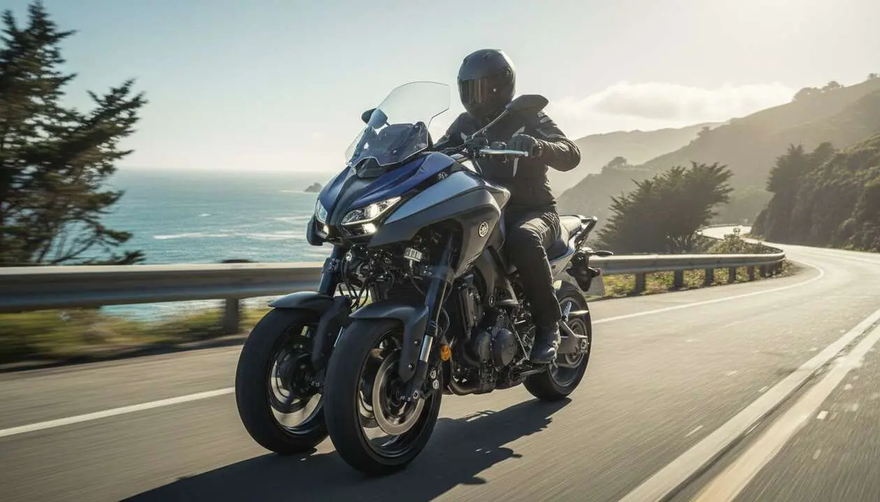  Yamaha Niken GT 2026 en carretera mostrando su innovador dise&ntilde;o de moto de 3 ruedas para una conducci&oacute;n segura y emocionante &mdash; Imagen generada por IA 