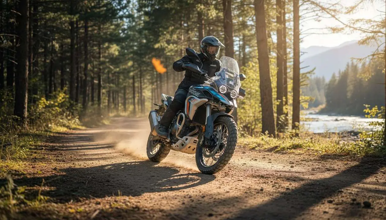  Voge 525 DSX 2026 en acci&oacute;n mostrando su potencia y dise&ntilde;o innovador en el mercado de motos trail este a&ntilde;o &mdash; Imagen generada por IA 